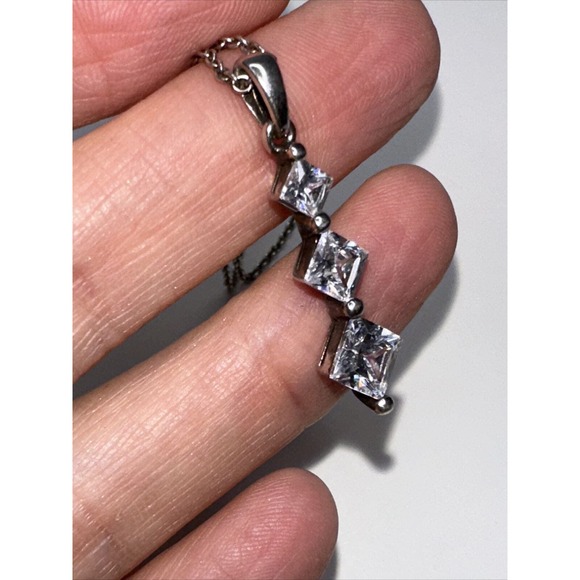 Sterling Silver Necklace Pendant CZ Three Square Faceted Drop 18-21" - Picture 10 of 12